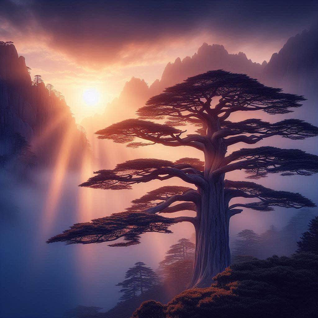 Majestic cedar tree amidst a surreal mountain landscape, symbolizing resilience and eternity