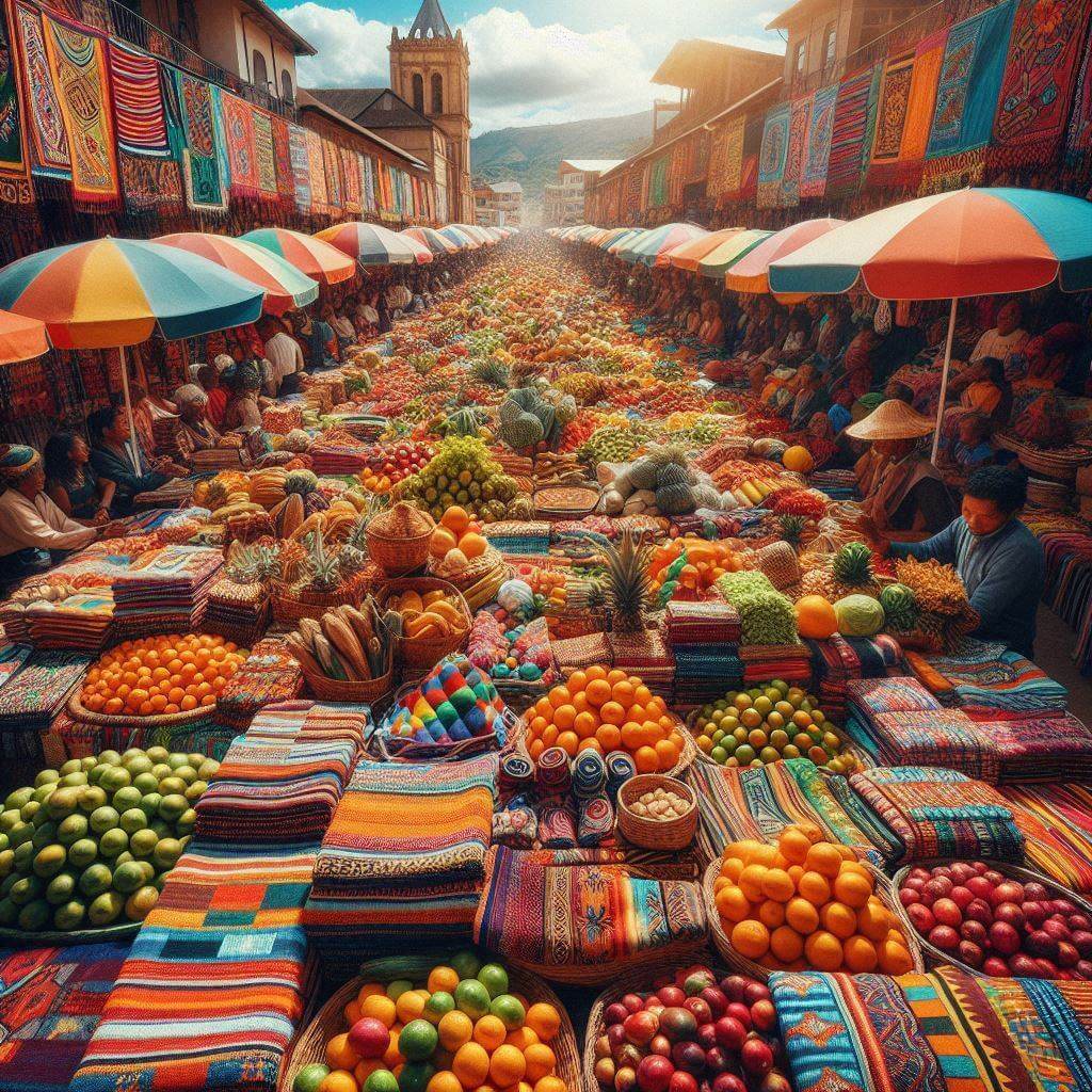 Vibrant street scene in Antananarivo with colorful buildings, lively dancers, and fluttering Malagasy flags