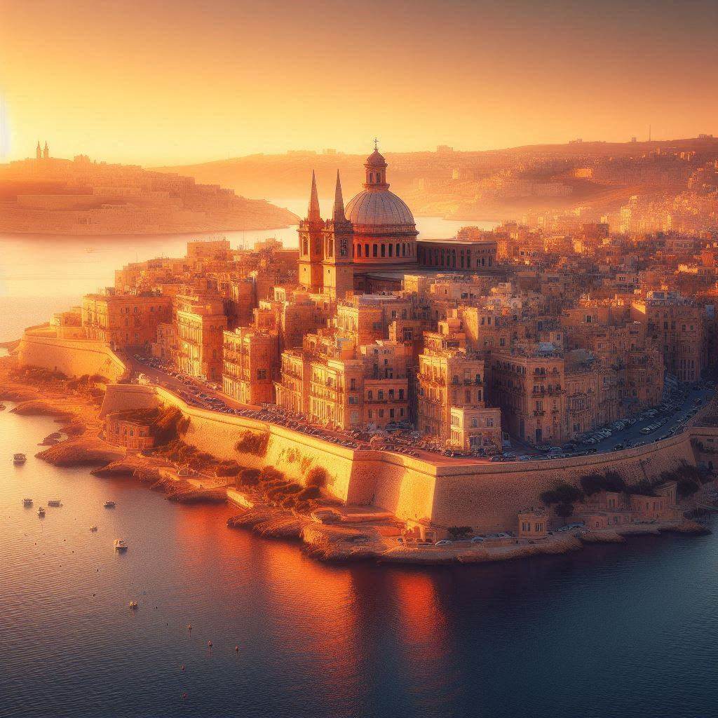 Warm sunrise over the historic cityscape of Valletta, Malta