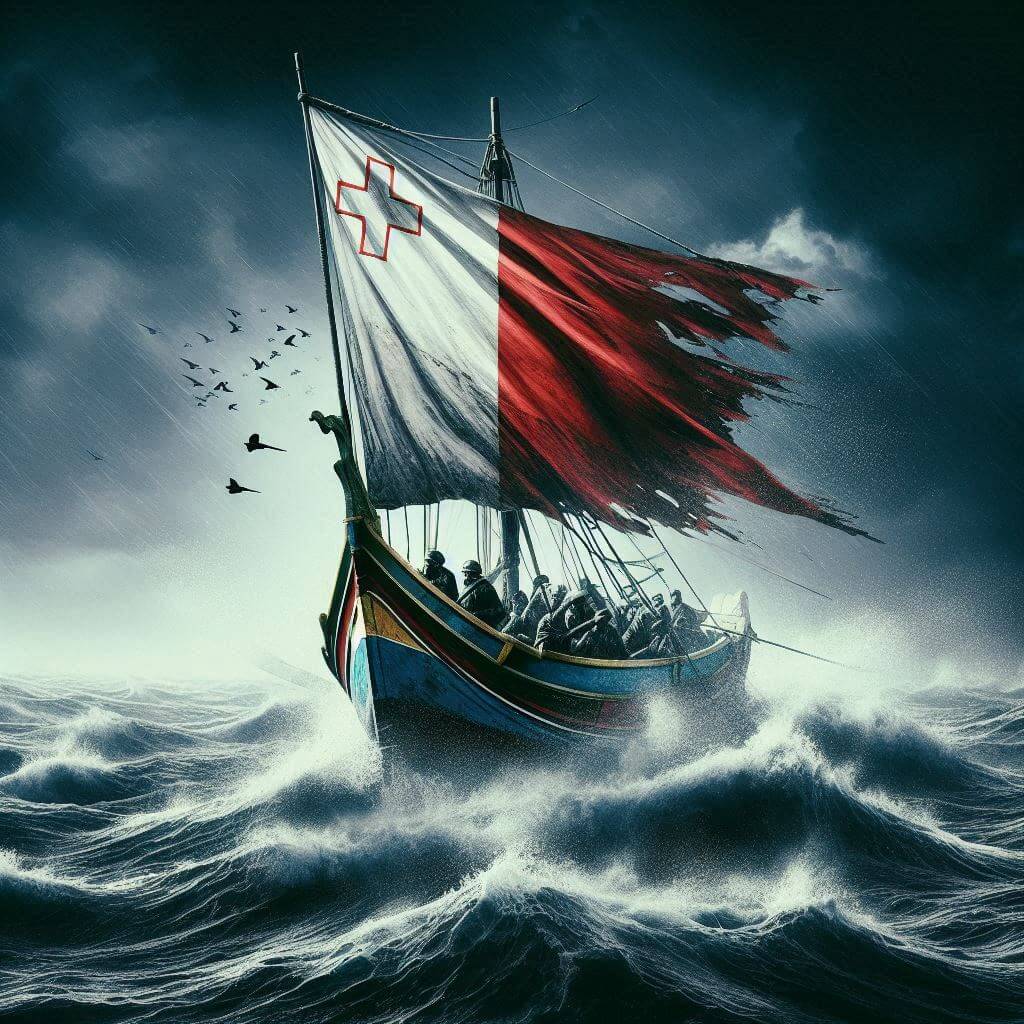 Maltese boat braving the stormy seas, symbolizing the nation's bravery and determination