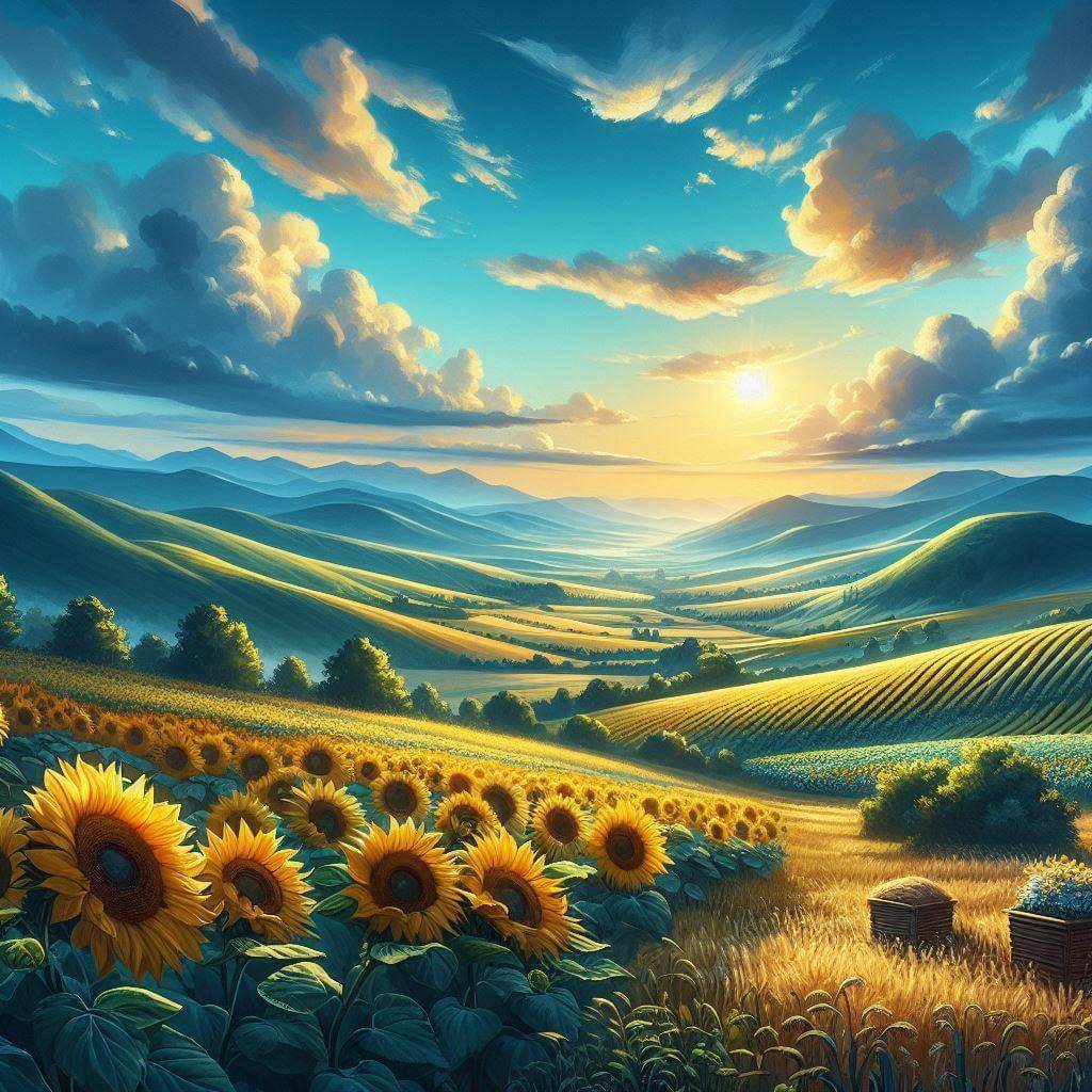 Peaceful Moldovan countryside landscape with sunflowers and rolling hills