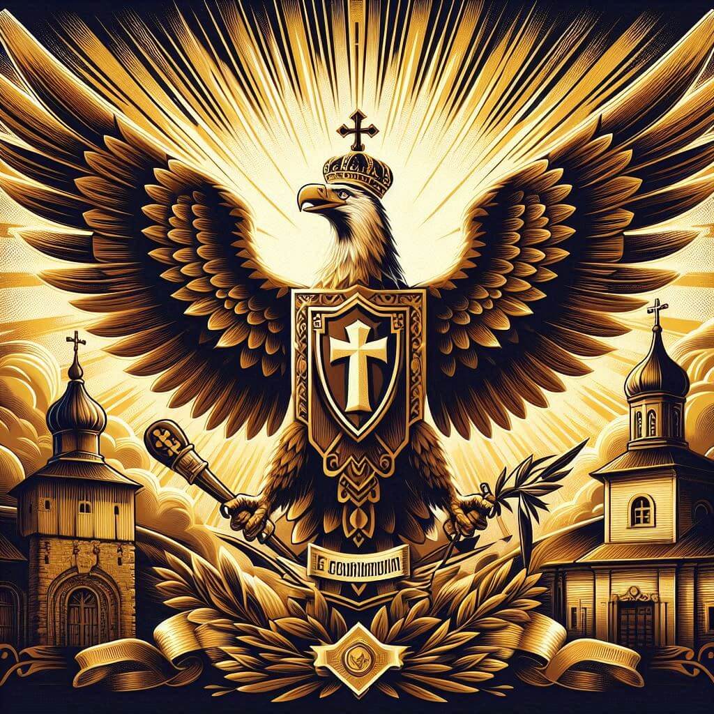 Majestic eagle with cross, scepter, and olive branch, set against traditional Moldovan architecture