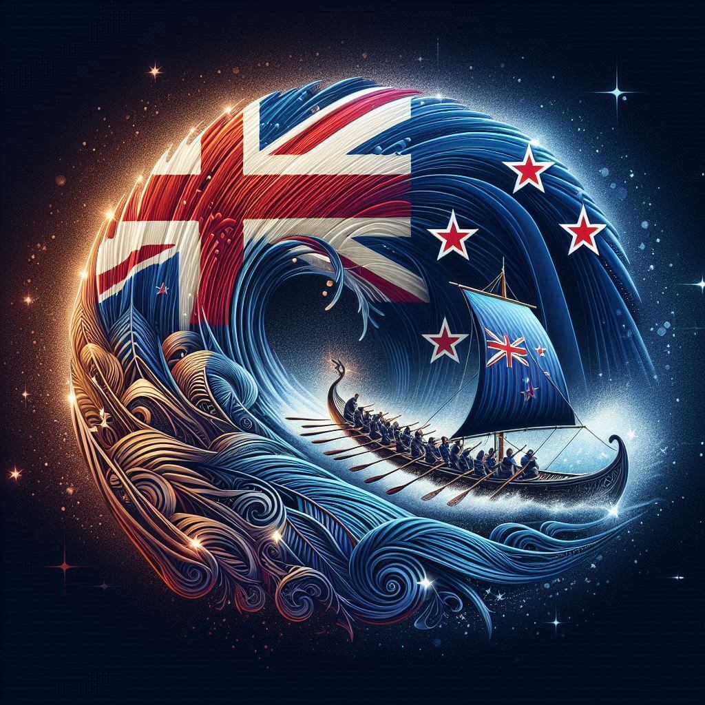 Māori waka canoe navigating through a stylized Union Jack-patterned wave, surrounded by stars and oceanic elements, representing New Zealand's cultural diversity and history