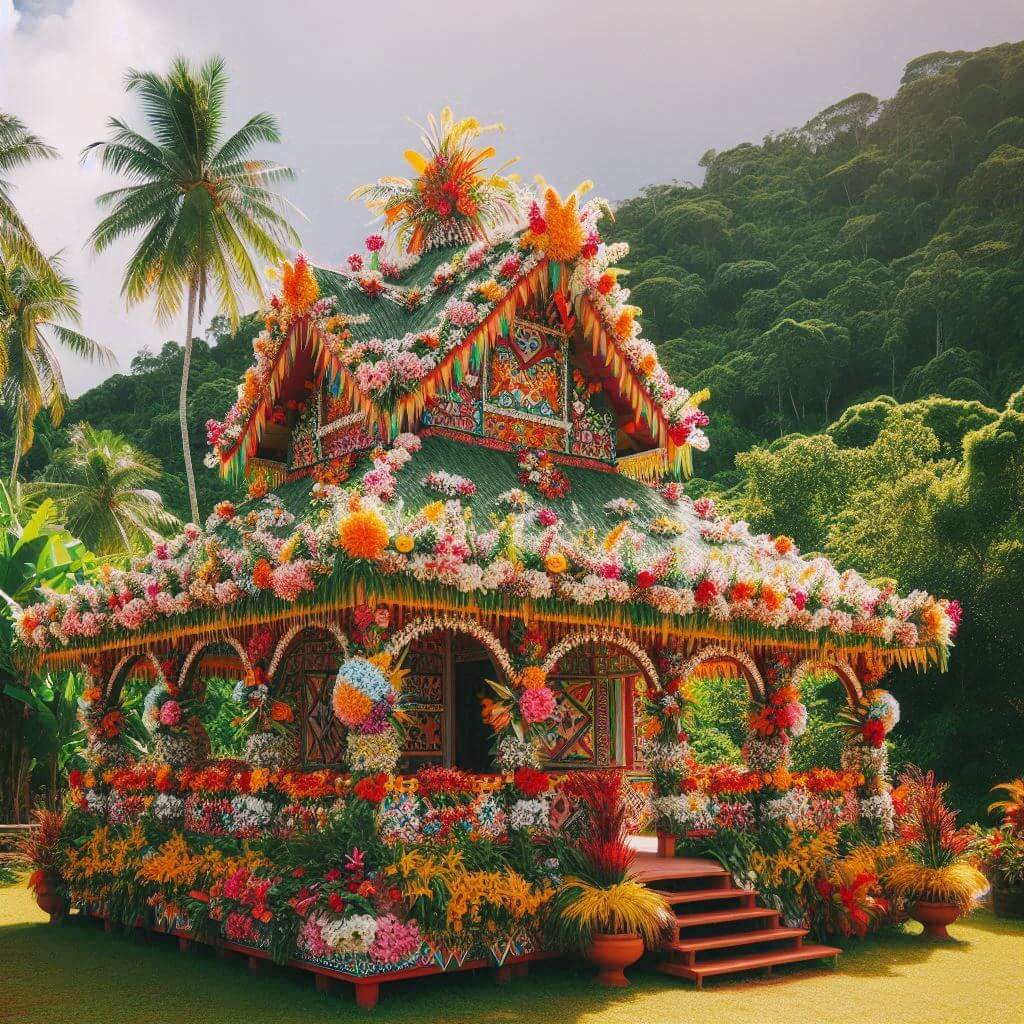 Vibrant traditional Chamorro structure with colorful flowers, symbolizing the warmth and unity of the Northern Mariana Islands' indigenous culture