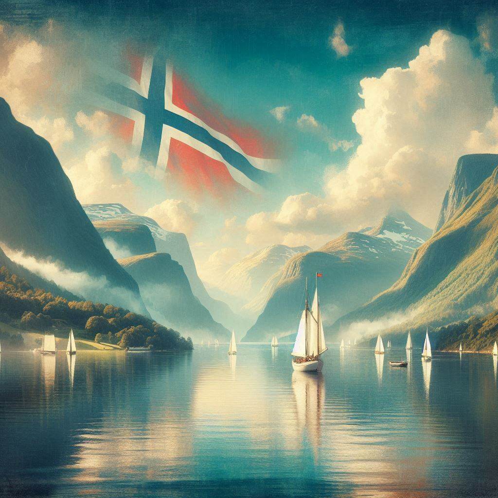 Scenic Norwegian fjord with sailboats and vibrant sky