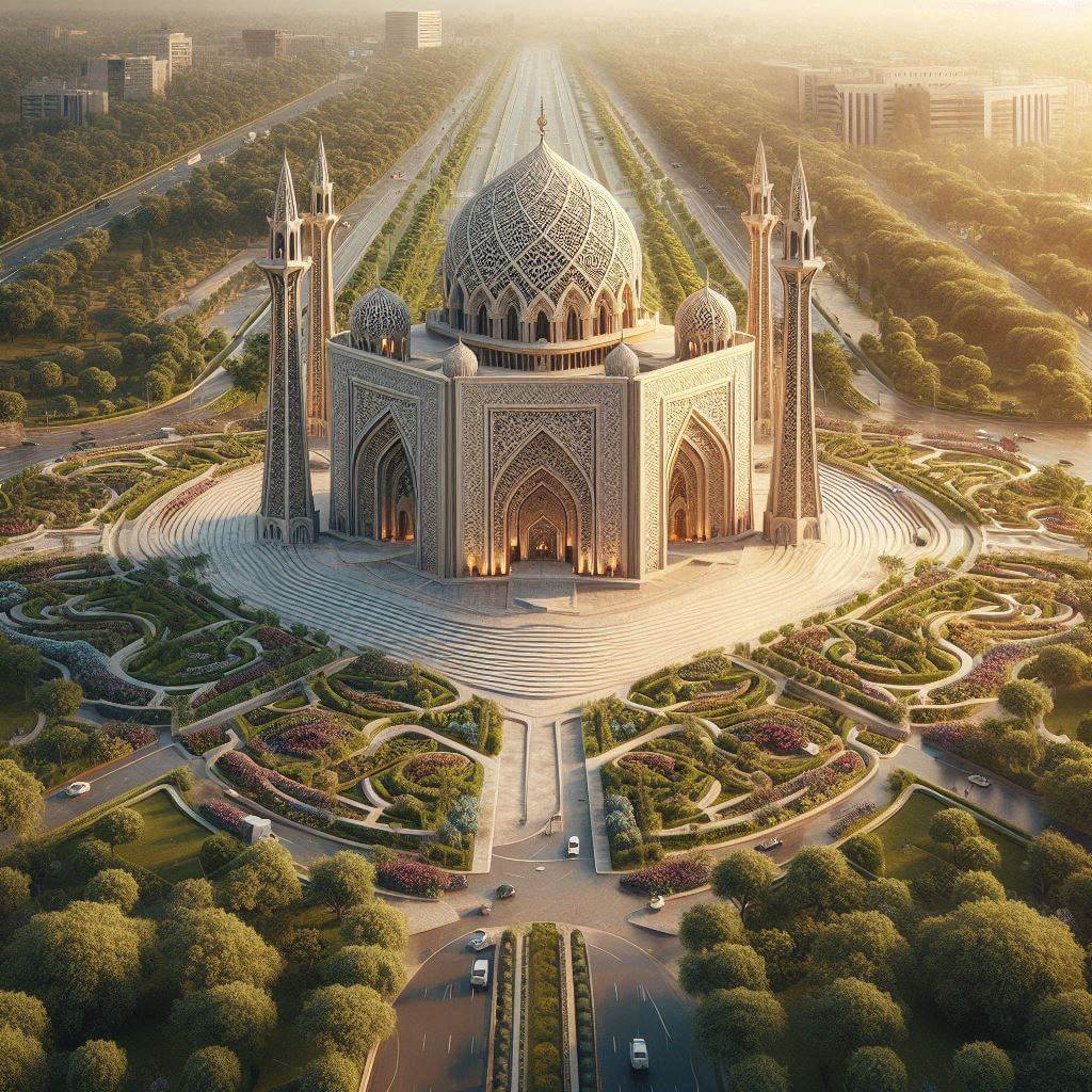 Majestic Islamic architecture-inspired monument in Islamabad, symbolizing Pakistan's cultural heritage and Islamic identity.