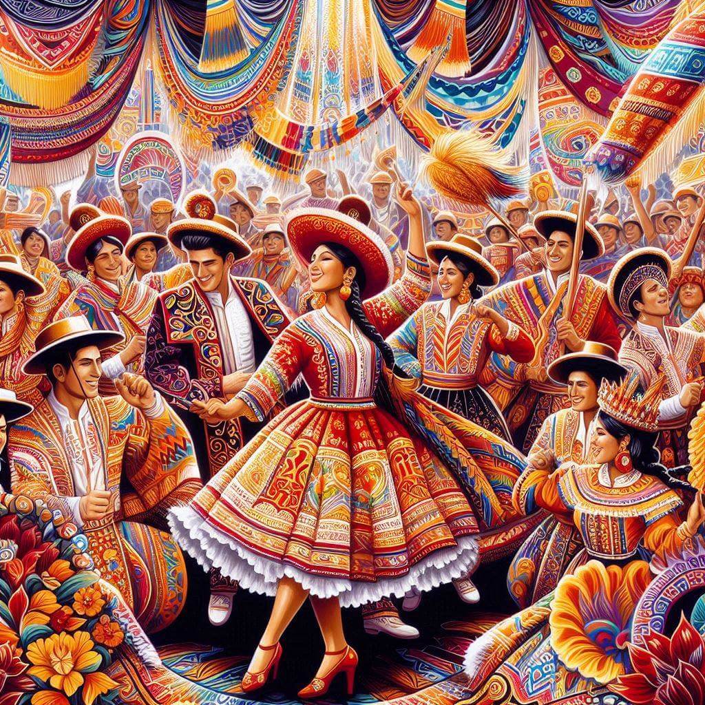 Vibrant depiction of a traditional Peruvian festival, conveying Peruvian cultural diversity and national pride