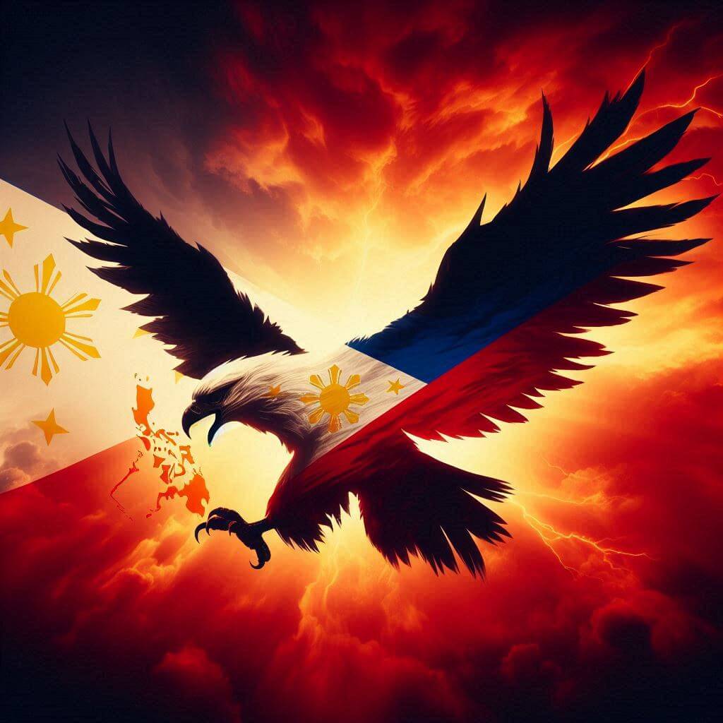 Soaring eagle silhouette with Philippine islands, symbolizing strength and resilience in the fight for independence