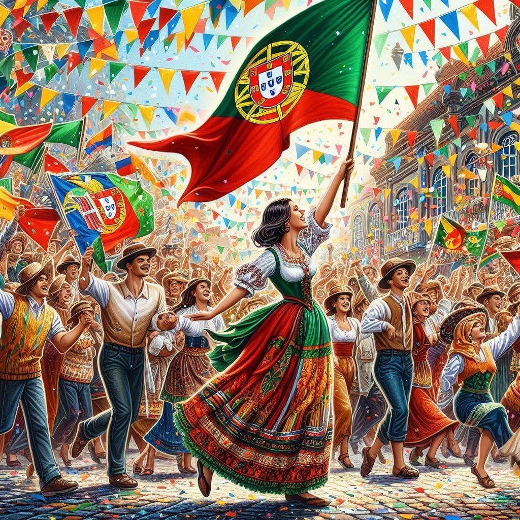 Vibrant Portuguese festivity, capturing national pride and cultural heritage