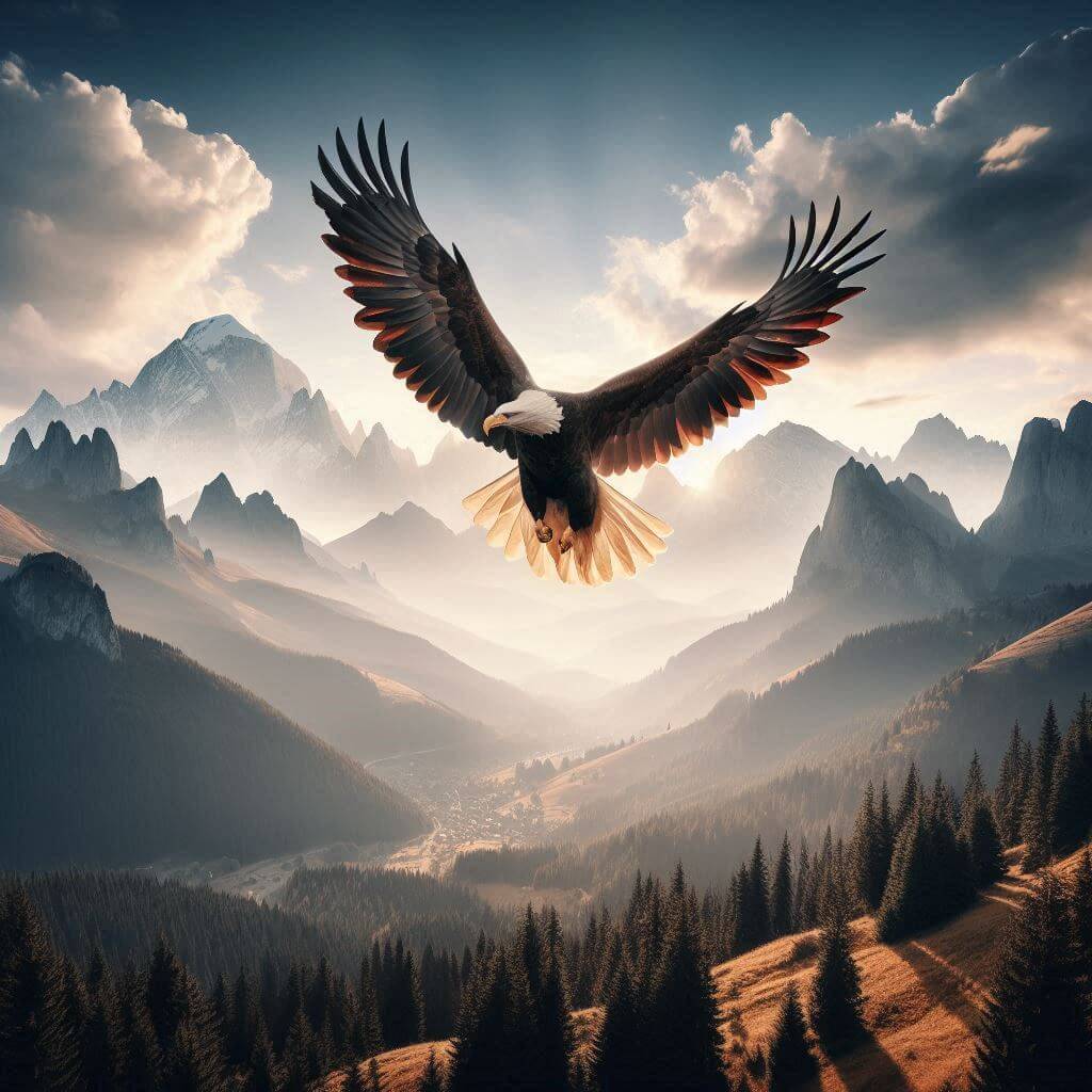 Majestic eagle soaring through the Carpathian Mountains, symbolizing Romania's struggle for freedom and national identity