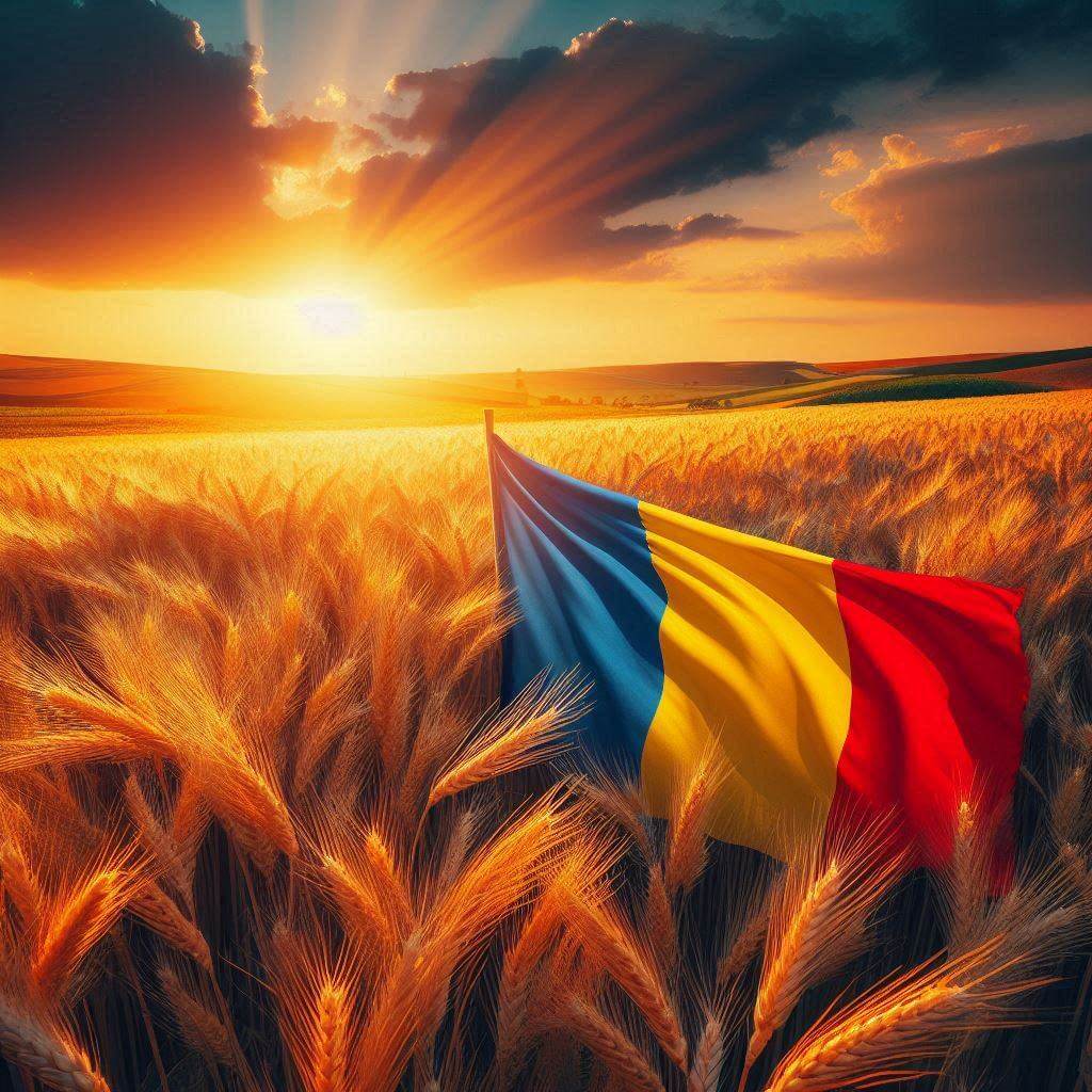 Vibrant wheat field at sunset, with the Romanian flag waving in the wind, representing the country's agricultural heritage and national pride