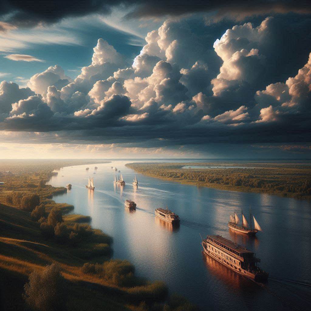 Scenic landscape of the Volga River with traditional wooden boats sailing under a vast, cloudless sky