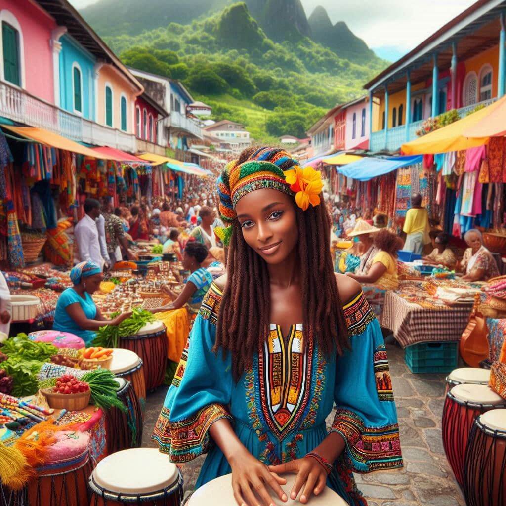 Bustling market scene in Castries, Saint Lucia, with vibrant colors, lively music, and traditional clothing, capturing the island's cultural essence.