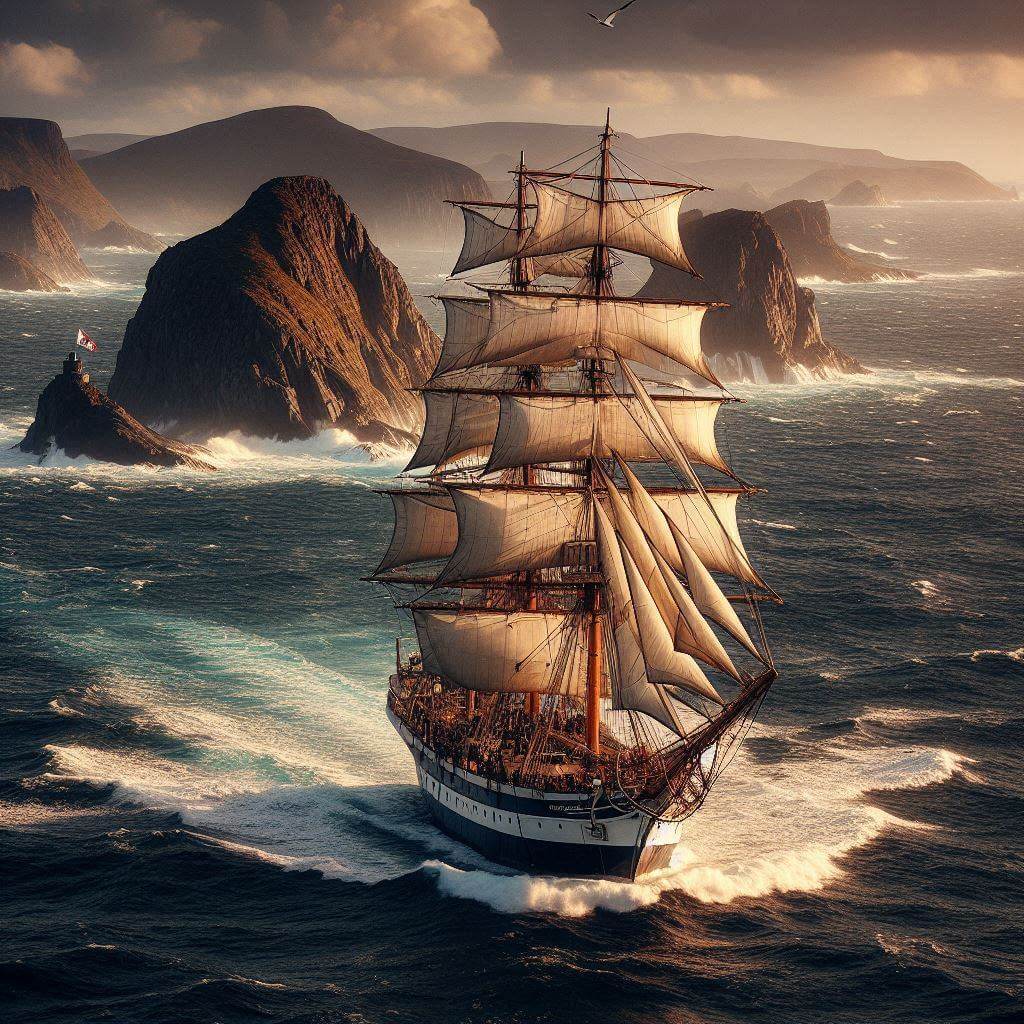 A grand sailing ship sailing near the Saint Pierre and Miquelon coastline, capturing the essence of the islands' seafaring traditions and heritage.