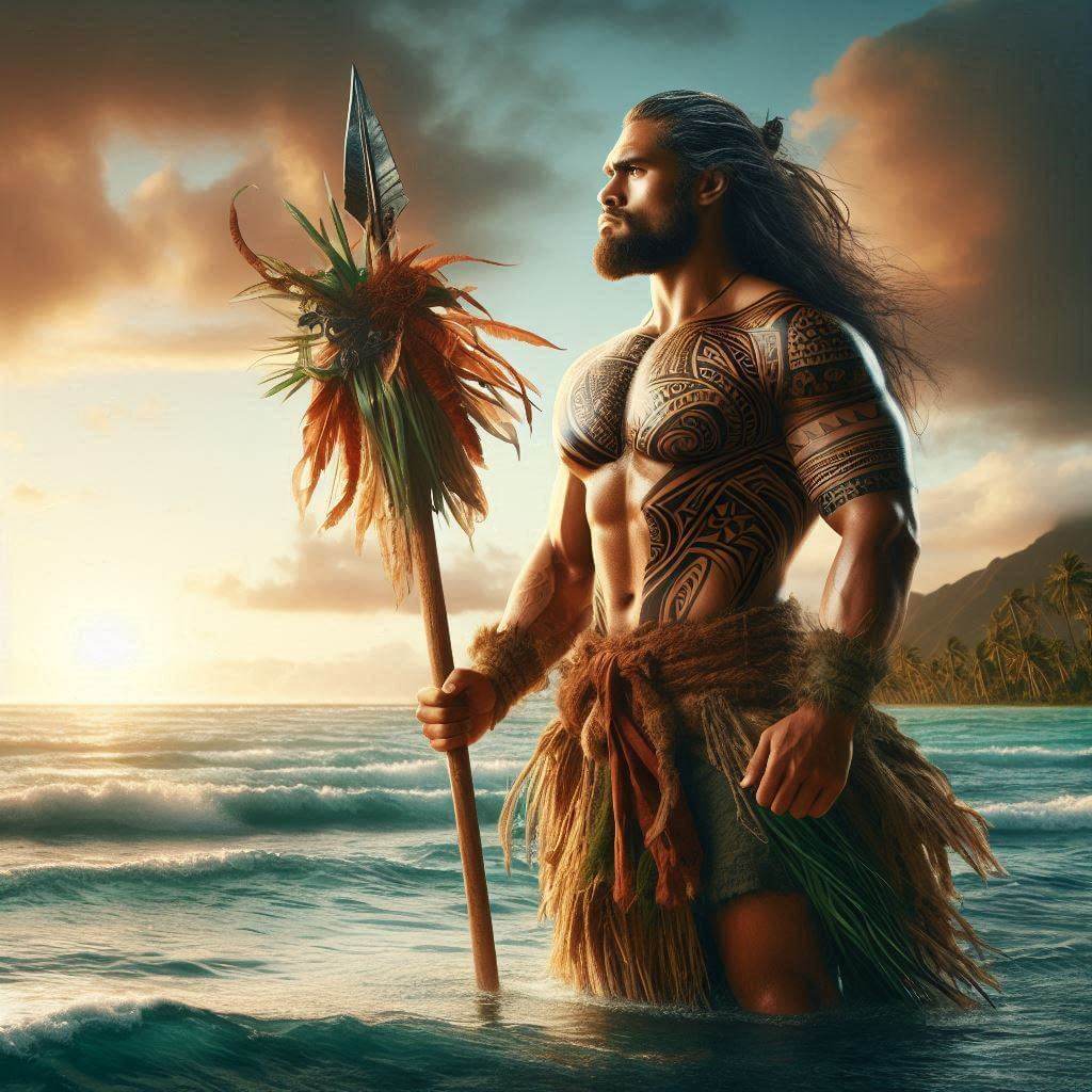 A Polynesian warrior stands proudly on the shores of Samoa, symbolizing courage and independence.