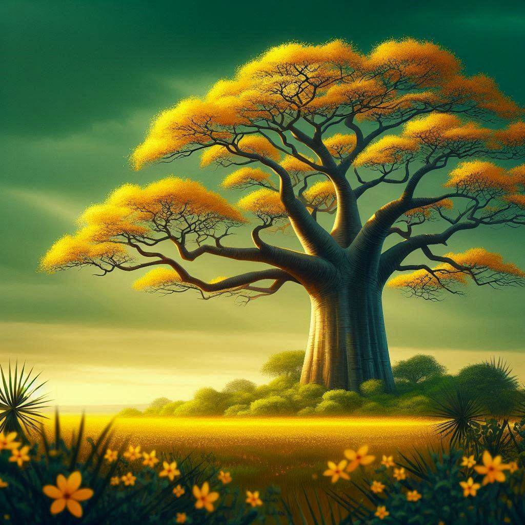 A majestic baobab tree standing tall in the savanna, surrounded by vibrant yellow flowers, symbolizing Senegal's rich cultural heritage.