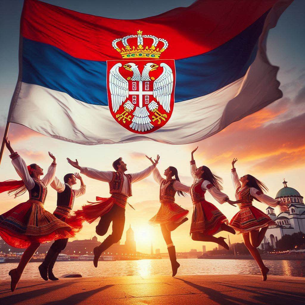 Vibrant street scene in Belgrade with colorful buildings, lively dancers, and fluttering Serbian flags