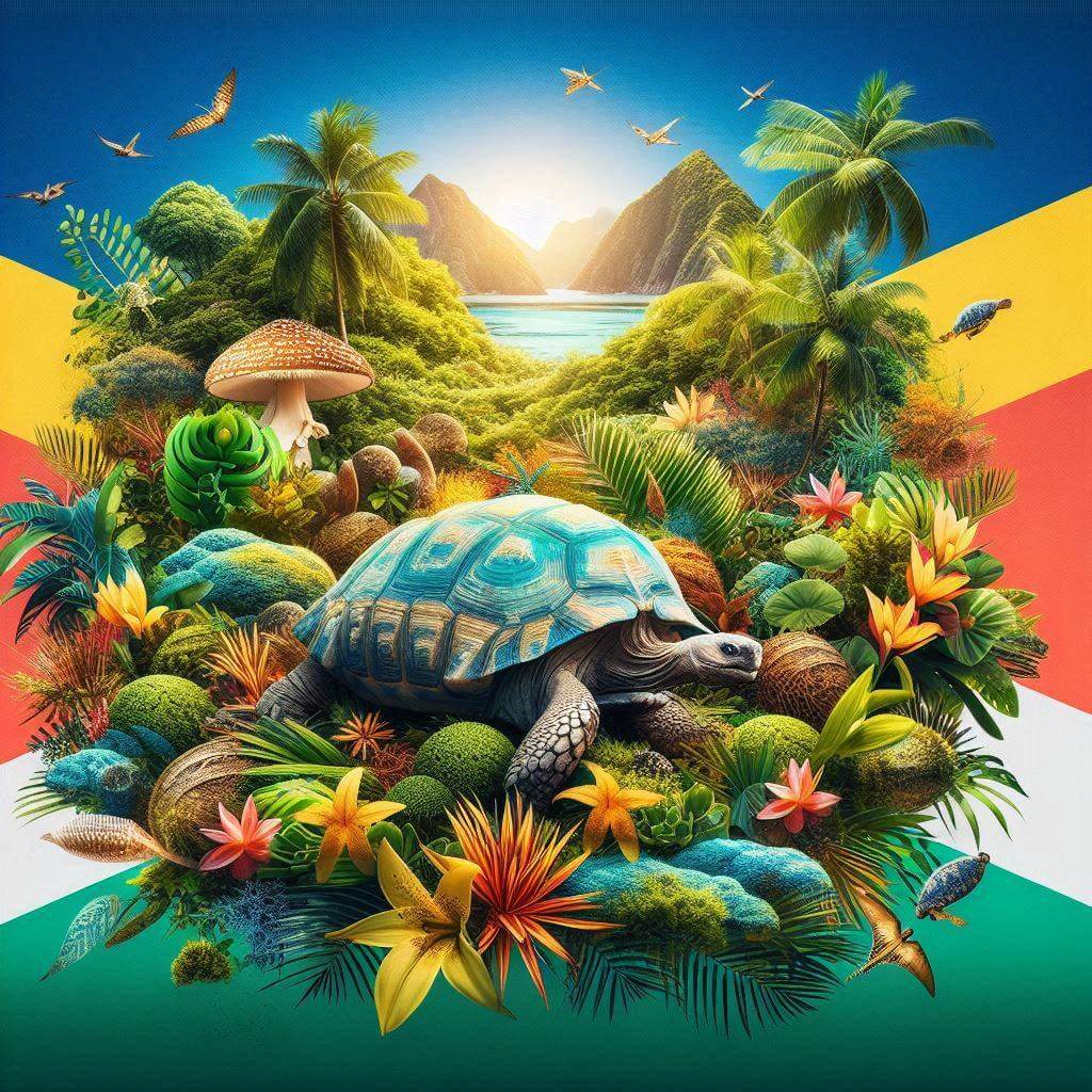 Collage of Seychelles' lush vegetation, exotic flora, and unique wildlife, representing environmental conservation