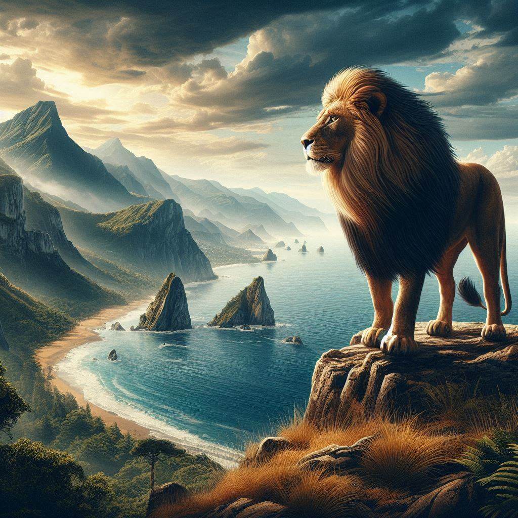 A majestic lion standing on a mountainous coastline, symbolizing Sierra Leone's natural beauty and rich history