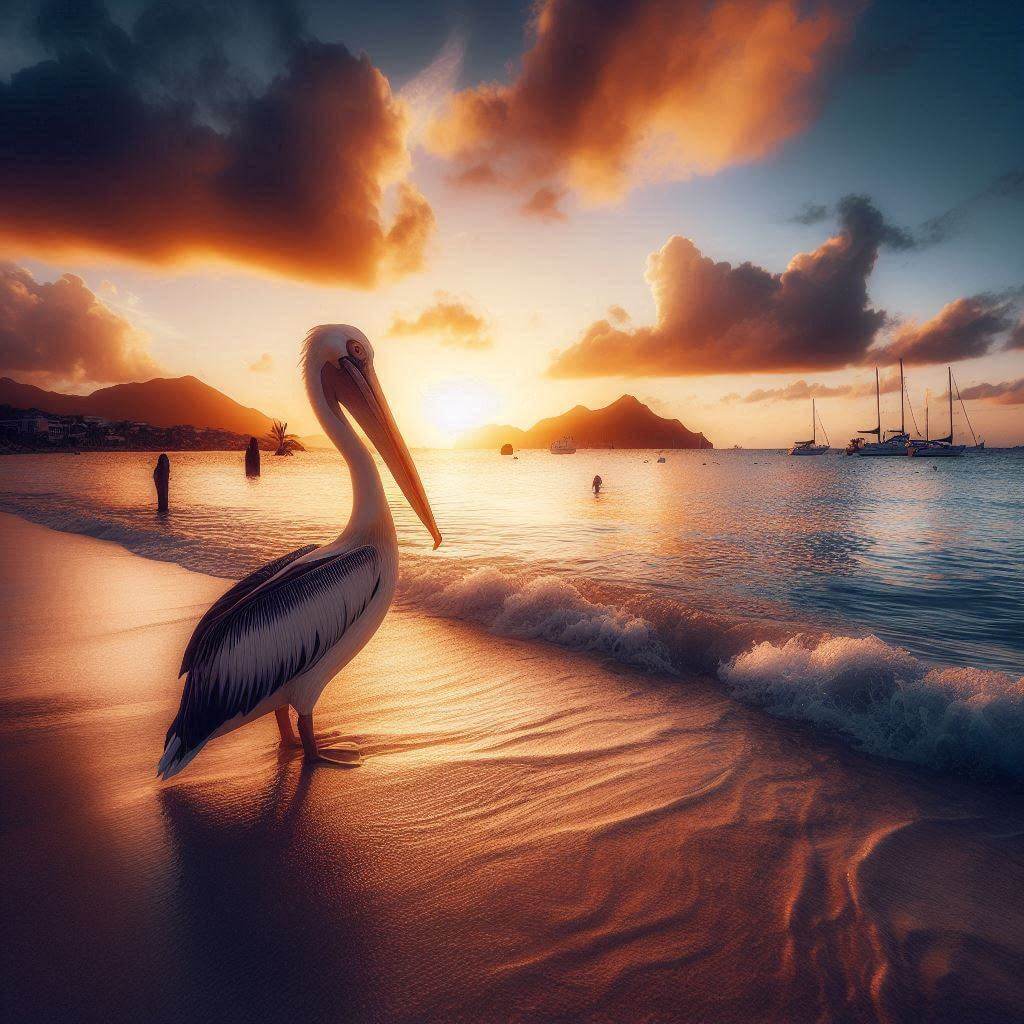 Peaceful sunset on Sint Maarten's beach with national bird silhouette