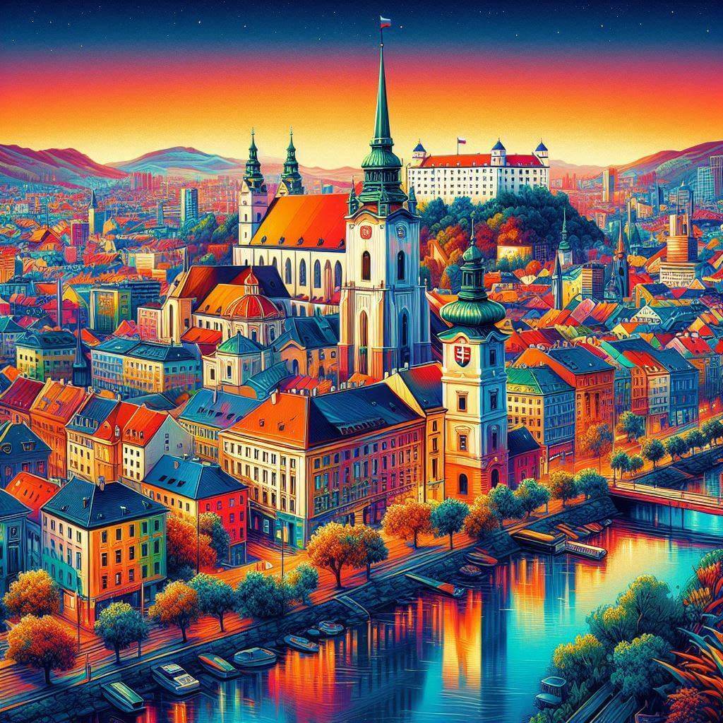 Bratislava cityscape, blending traditional and modern elements, reflecting Slovakia's cultural heritage and European identity