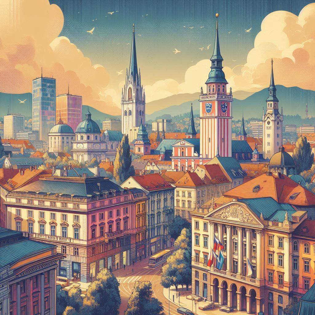 Vibrant cityscape of <b>Ljubljana</b>, Slovenia's capital, showcasing modernity and European values