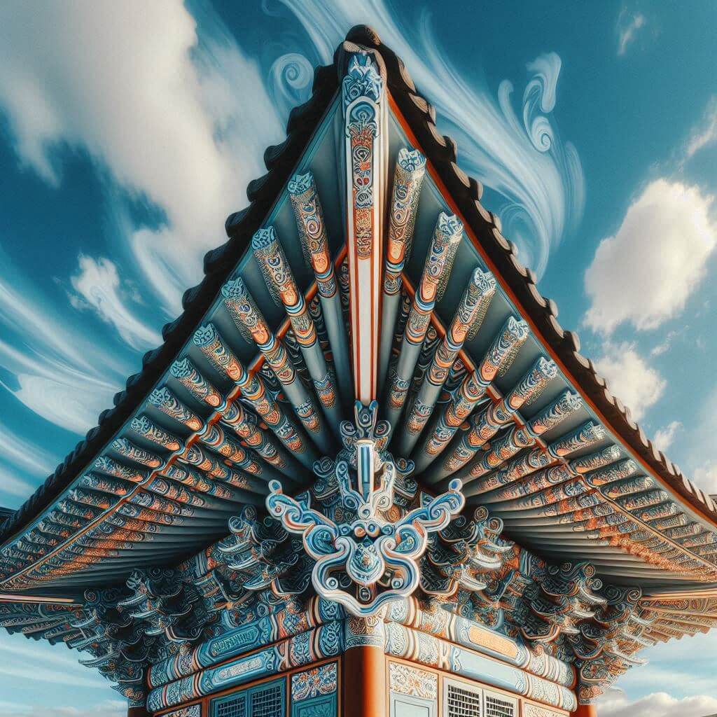 Traditional Korean pagoda with Taegeuk-inspired motifs, symbolizing cultural heritage and progress