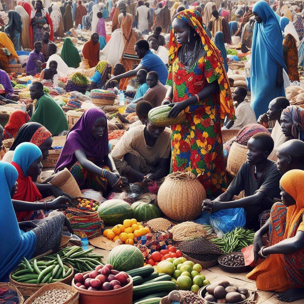 Colourful market scene in Juba, celebrating South Sudan's cultural diversity and unity