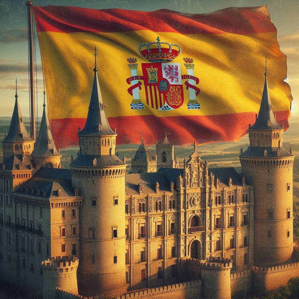 Majestic medieval castle with the Spanish coat of arms waving in the wind