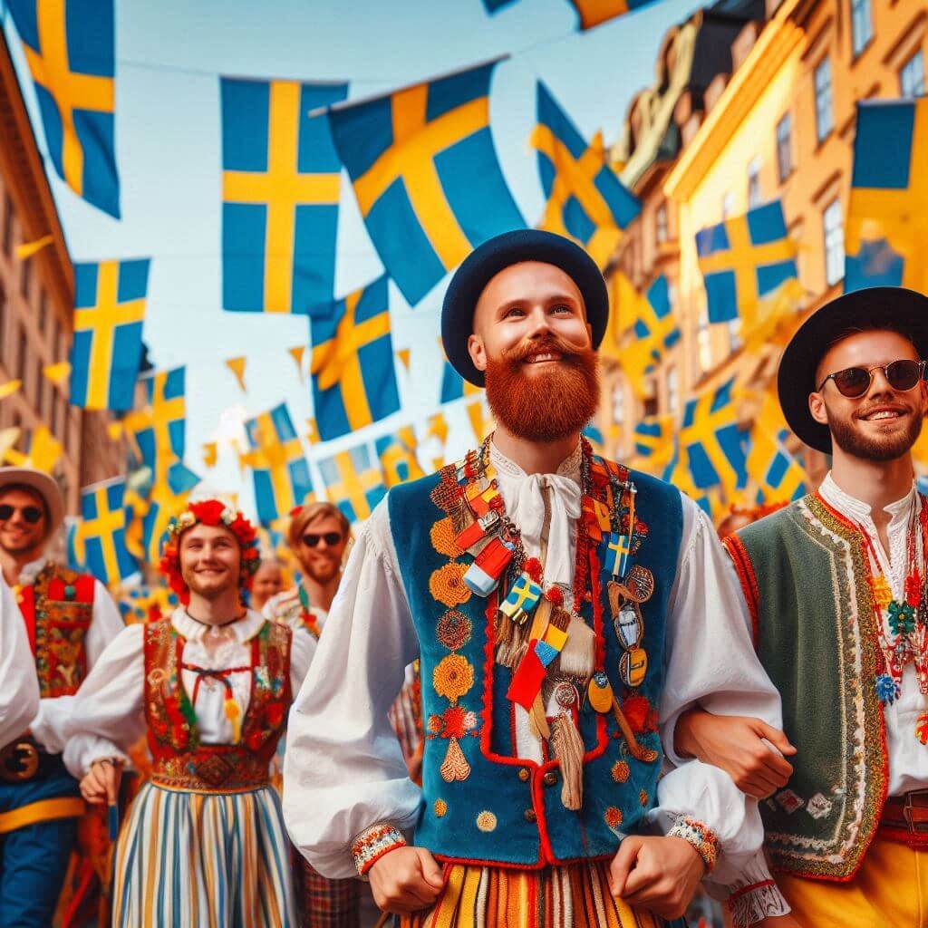 Vibrant celebration in the streets of Stockholm with Swedish flags waving proudly