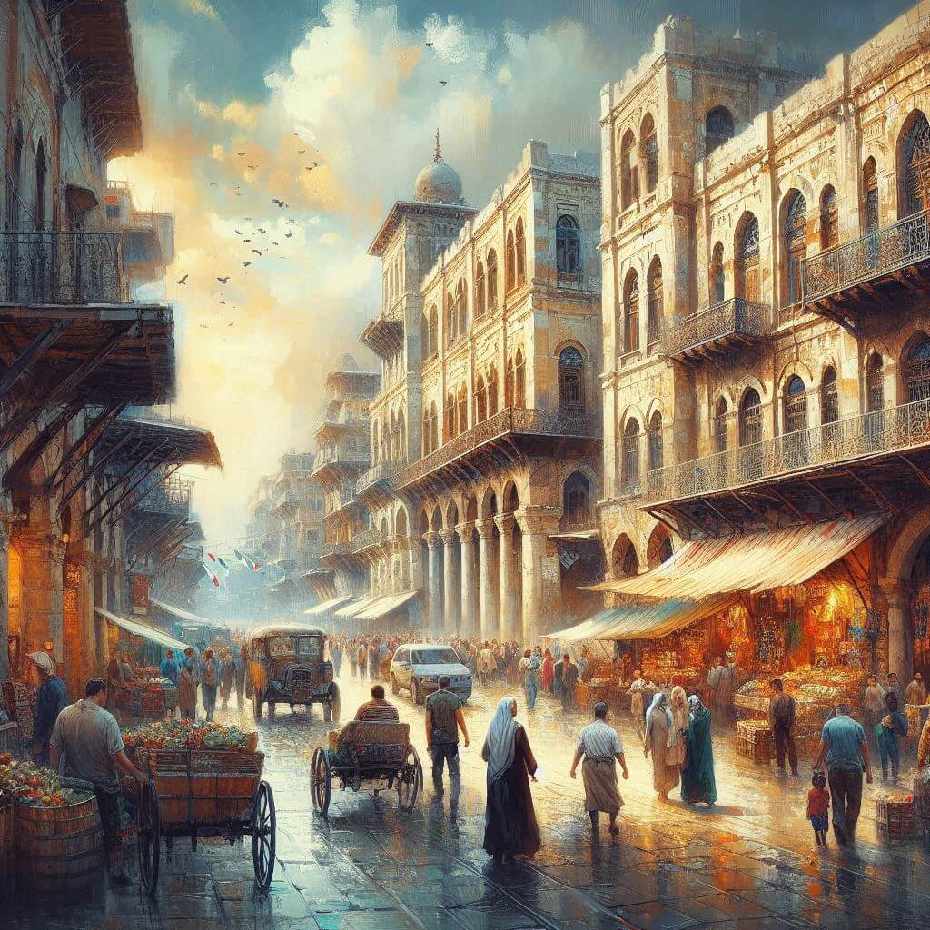 A lively street scene in Damascus, showcasing ancient architecture, bustling markets, and a diverse crowd, capturing the essence of Syria's rich history and resilient spirit.