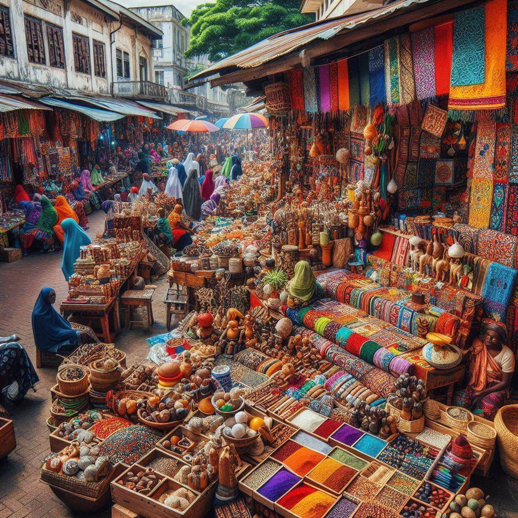 A vibrant market scene in <b>Dar es Salaam</b>, capturing the essence of Tanzania's diverse cultural heritage and rich traditions