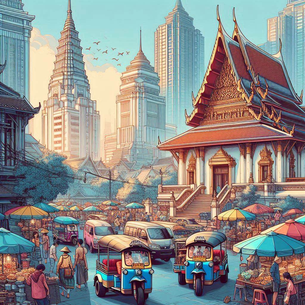 A bustling street scene in Bangkok, featuring traditional Thai architecture, a vibrant market with street food vendors, tuk-tuks, and modern skyscrapers in the background.