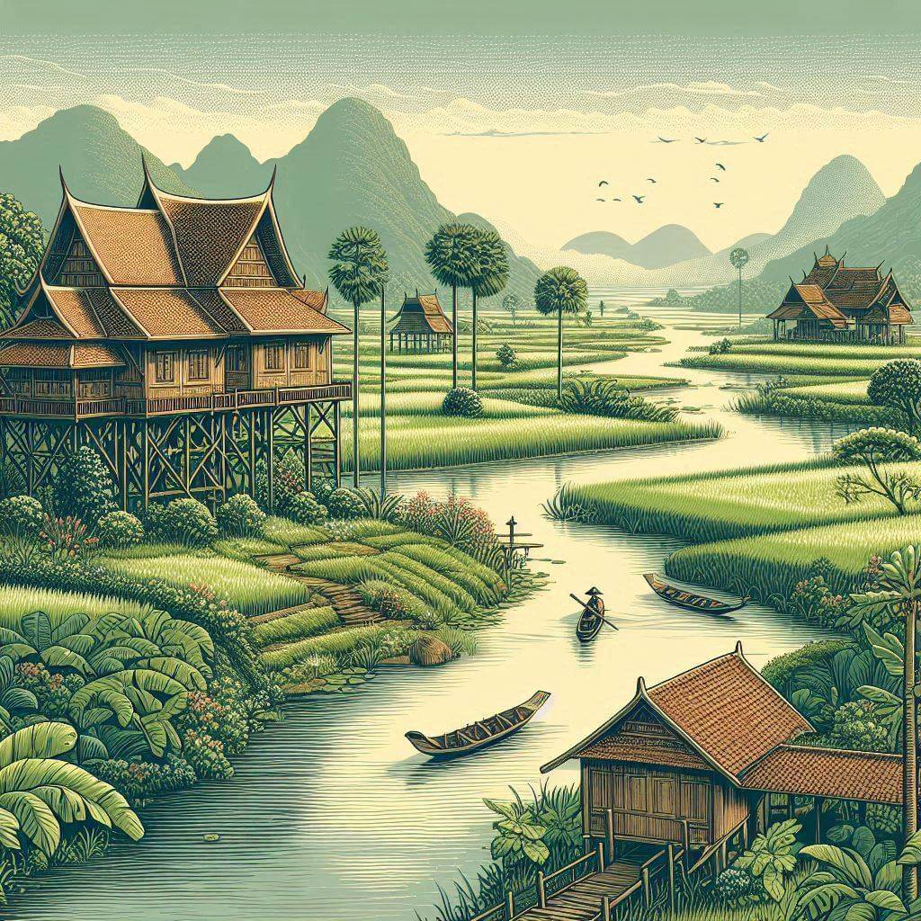 A serene Thai countryside landscape with traditional Thai houses on stilts, lush green rice paddies, a peaceful river with boats, and distant mountains.