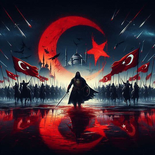 Dramatic illustration of Turkish warriors in battle, inspired by the legend of the flag's design