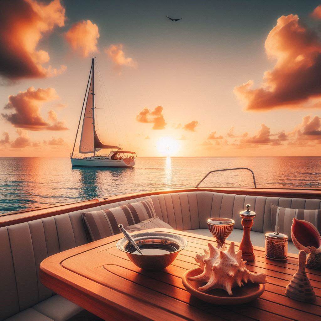 Peaceful evening scene on the Caribbean Sea with sailboat and conch shells