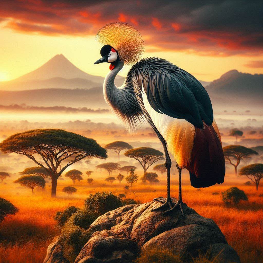 Majestic grey crowned crane on a rocky outcrop amidst a vibrant African savannah landscape