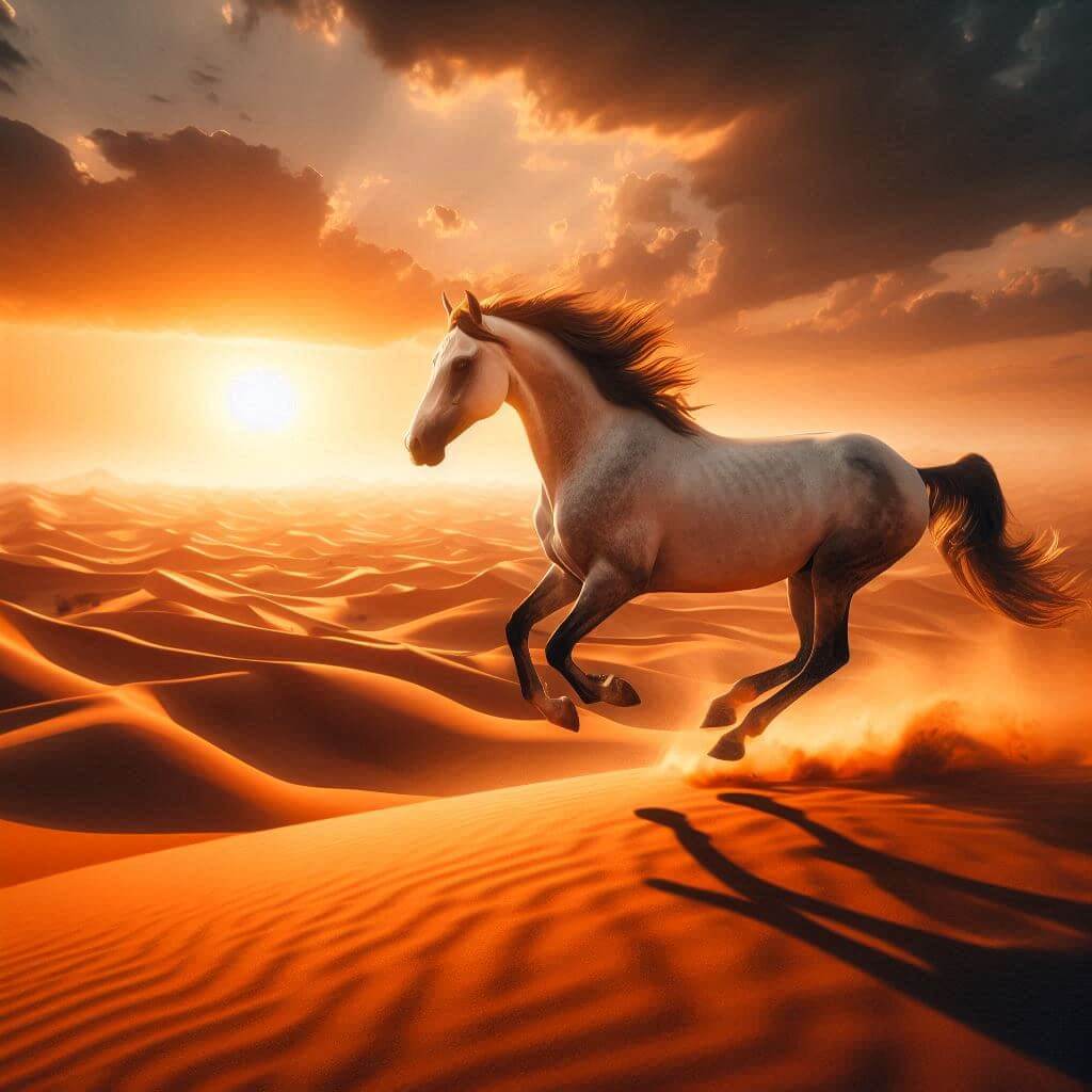 Majestic Arabian horse galloping across a desert landscape, symbolizing the UAE's heritage and growth