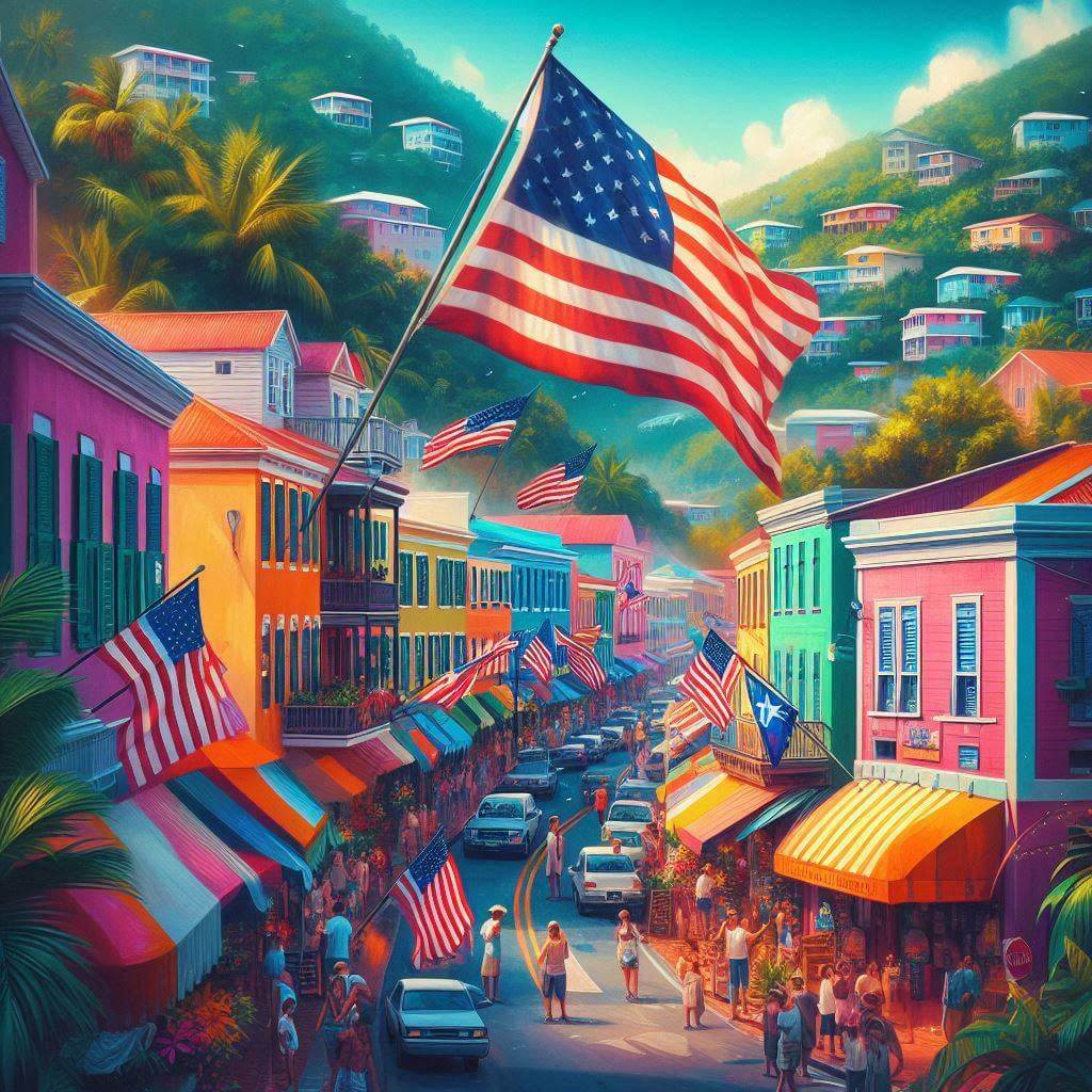 Vibrant street scene in Charlotte Amalie with locals waving the U.S. Virgin Islands flag