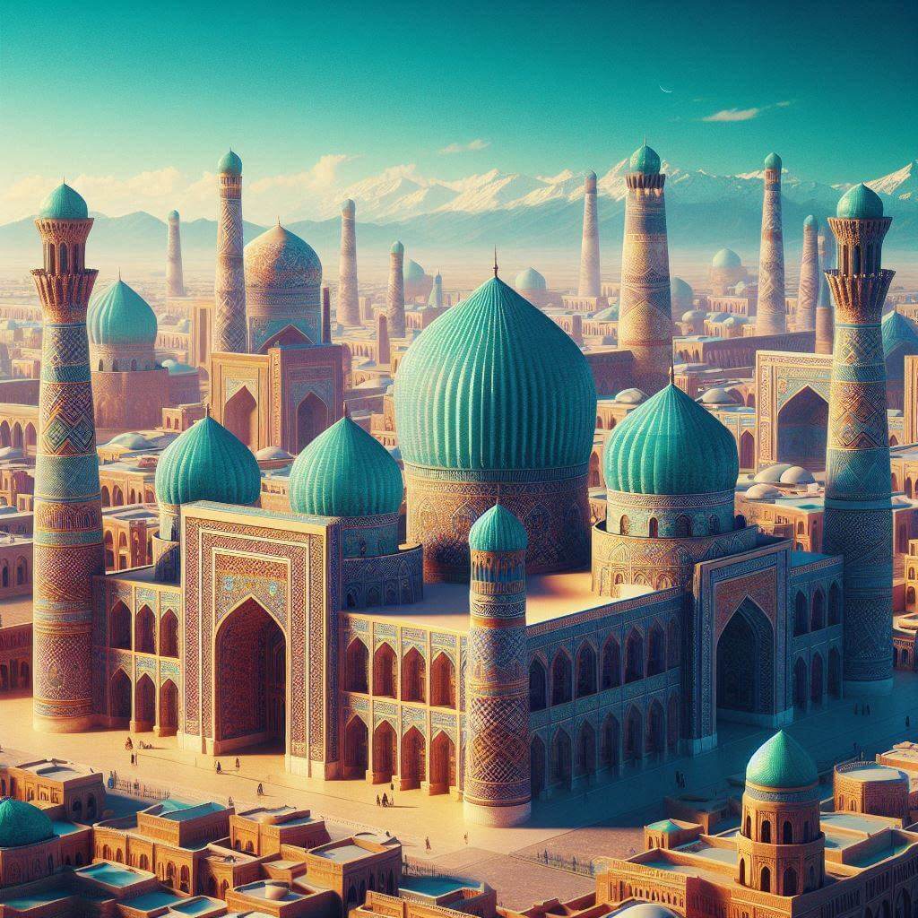 Ancient Uzbekistan cityscape with turquoise domes, symbolizing cultural heritage and independence