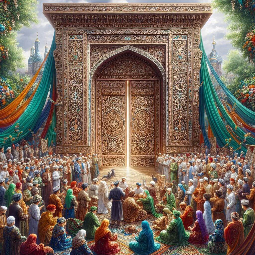 Vibrant Uzbek celebration scene with intricately carved wooden door, symbolizing cultural identity and national pride