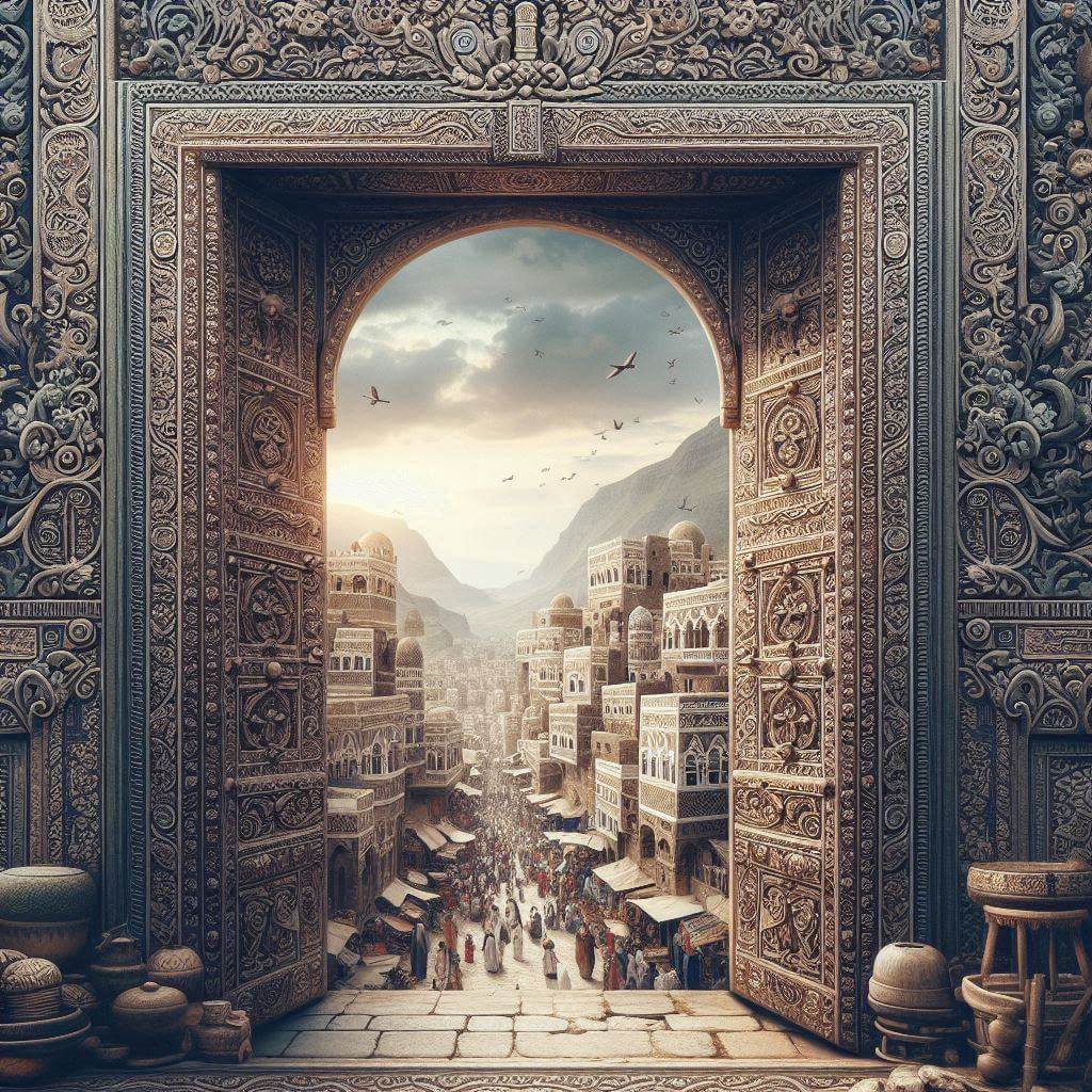 Ancient Yemeni door in a vibrant marketplace, symbolizing cultural heritage and unity